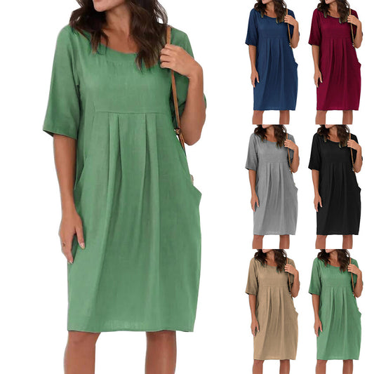Women's Summer Cotton Linen Pleated Pocket Casual Loose Round Neck Dress