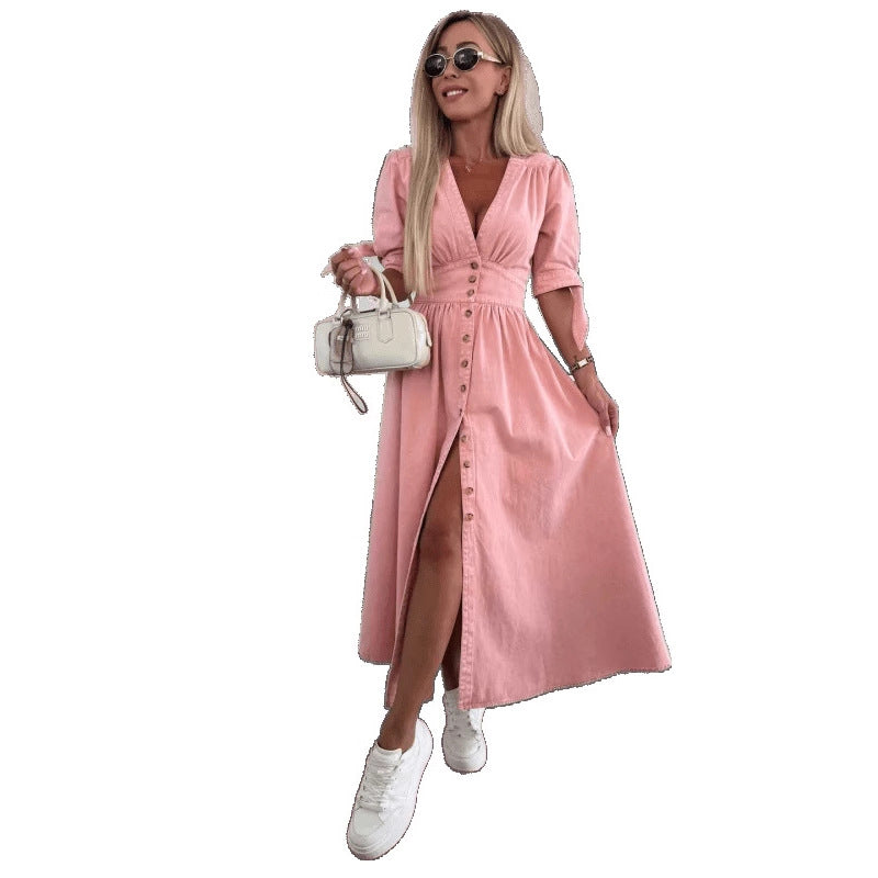 Women's Fashion Long Collar Sleeve Loose Denim Button Dresses