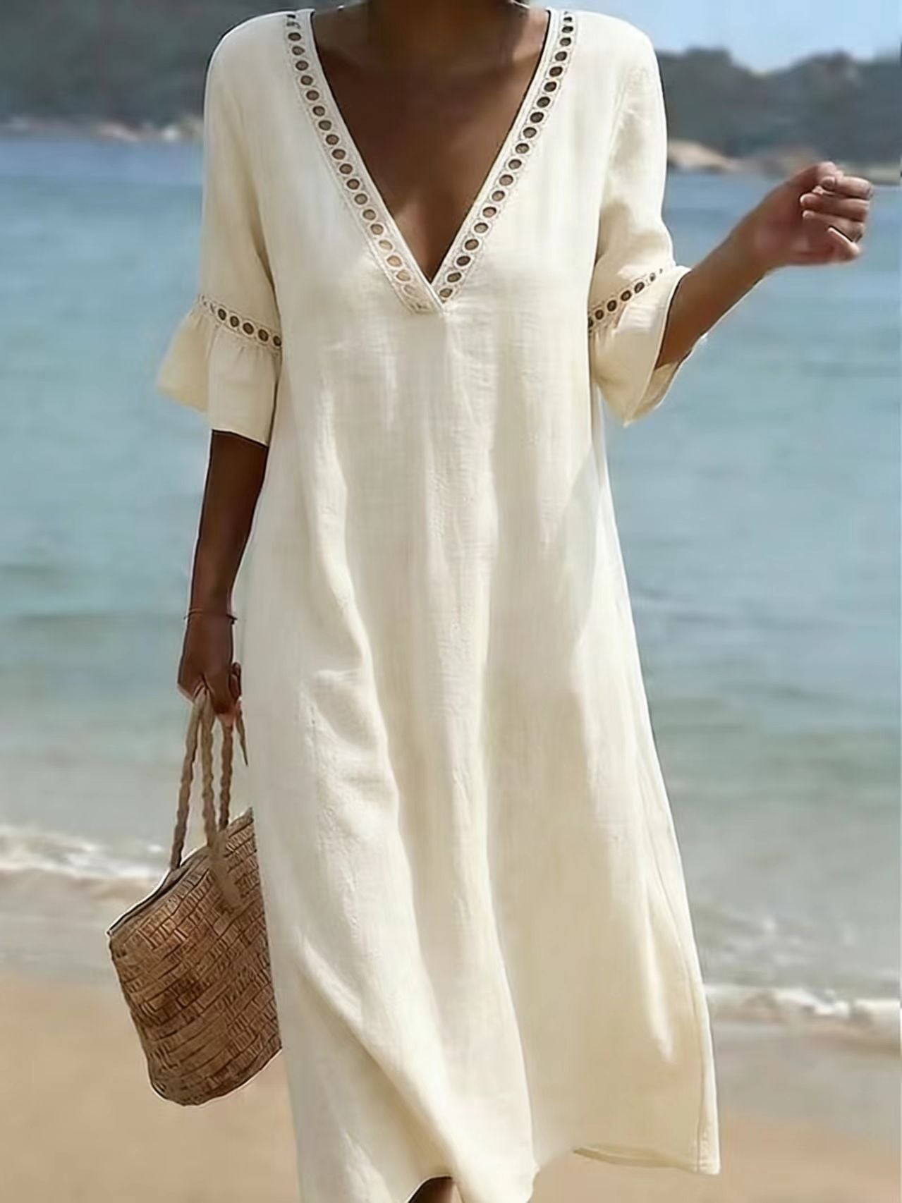 Women's Summer Solid Color Vacation Style Lace Dress