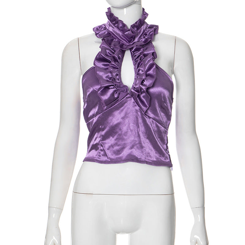 Retro Halter Fashion Lace Silk Hollow Tops
