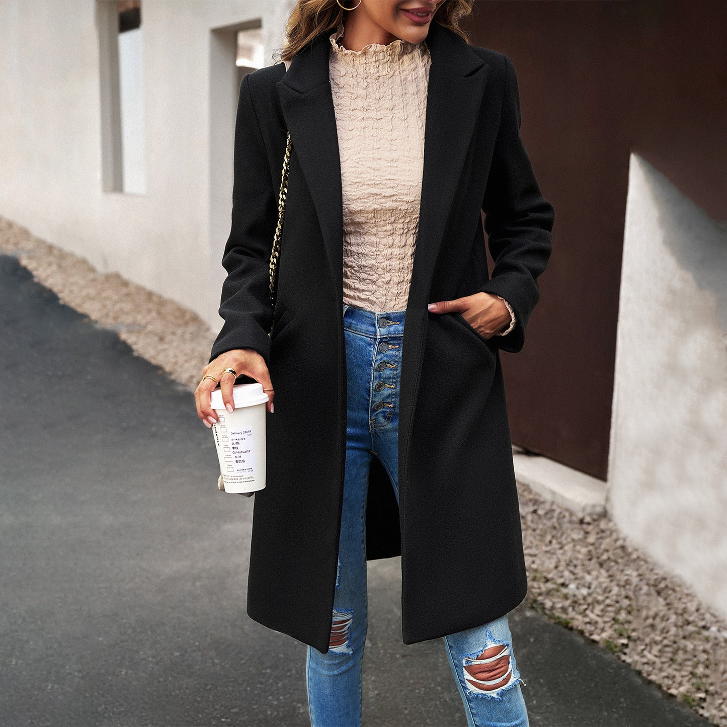 Slouchy Woolen Solid Color Temperament Commute Coats