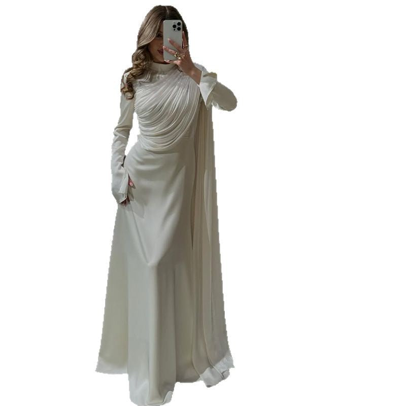 Women's Pleated Irregular White Long Sleeve Slim Dresses