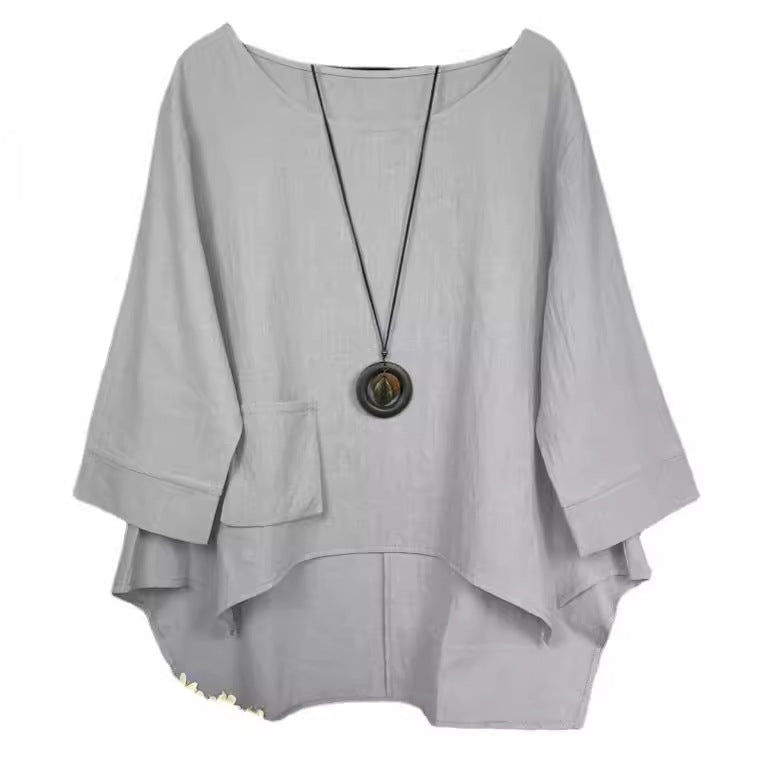 Summer Fashion Round Neck Pocket Solid Blouses