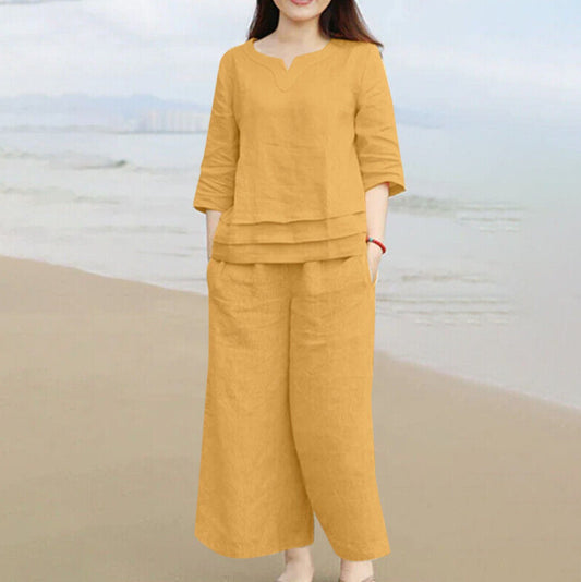Women's Linen Casual Loose Solid Color Two-piece Suits