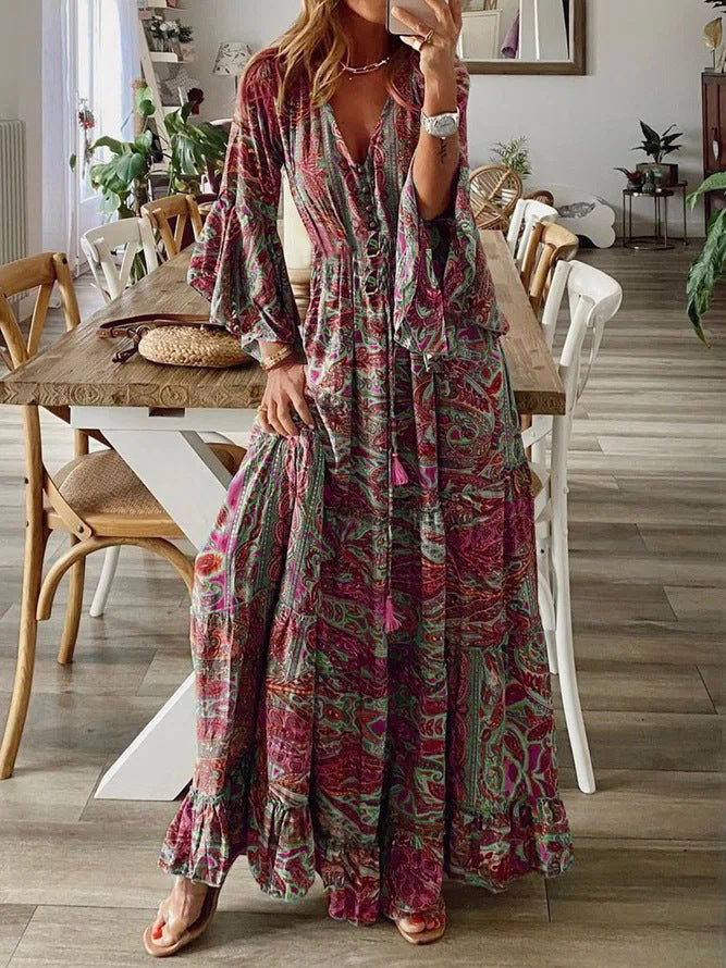 Bohemian Flare Sleeve Printed High Waist Holiday Dress