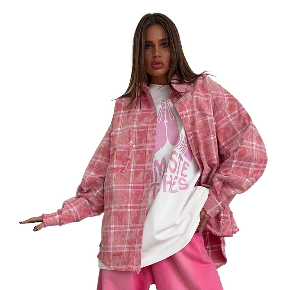 Plaid Shirt Retro Trendy Loose Pink Blouses