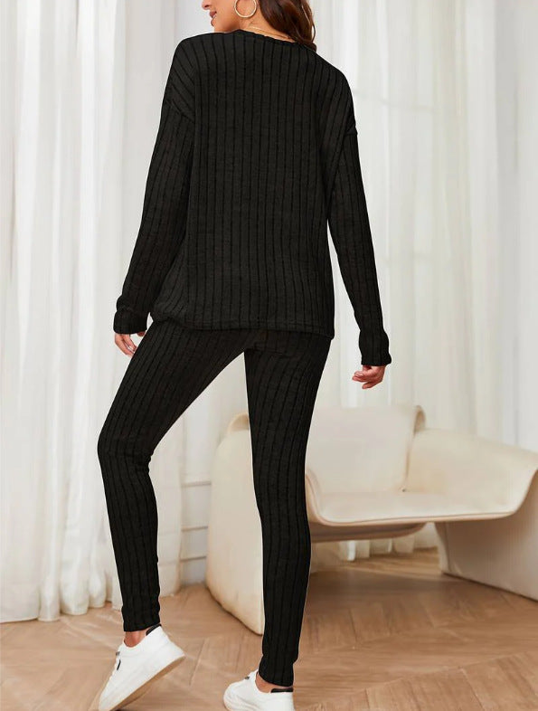 Women's Style Loose Round Neck Sunken Stripe Suits