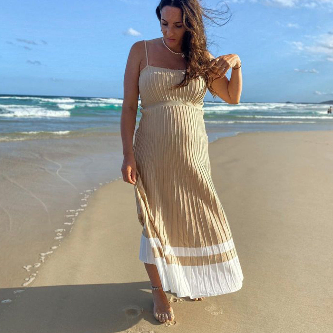 Women's Bandeau High Waist Spaghetti Straps Knitted Dress Seaside Dresses