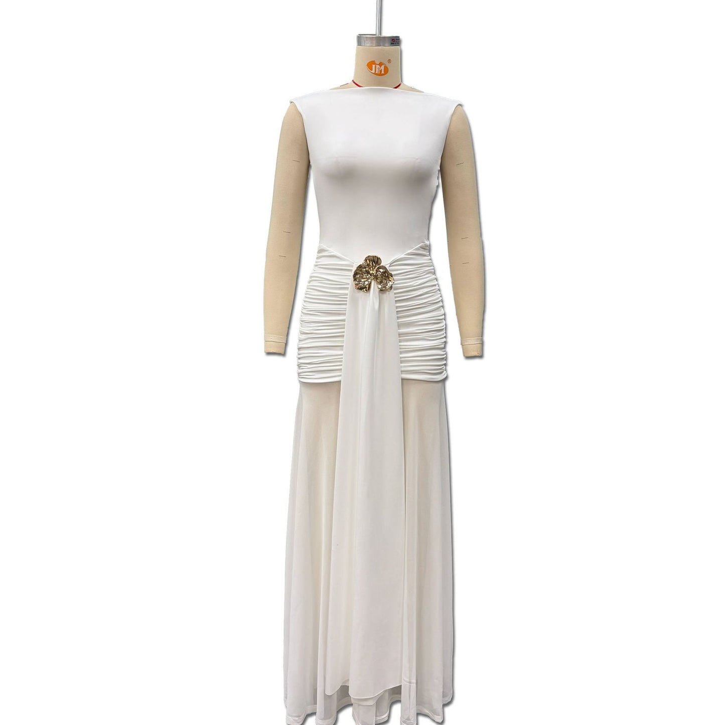 Women's Fashion Solid Color Round Neck Sleeveless Pleated Waist Tight Ribbon Dress
