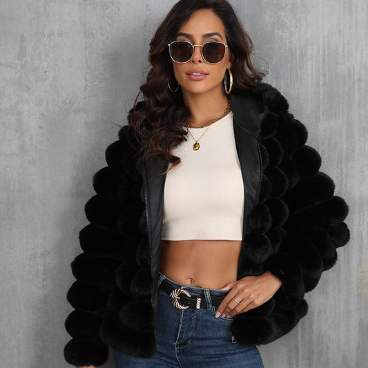 Women's Striped Hooded Imitation Fur Cropped Plush Coats