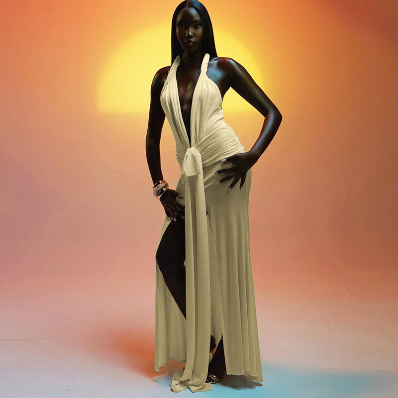 Women's Sexy Backless Halter Deep Pure Color Dresses