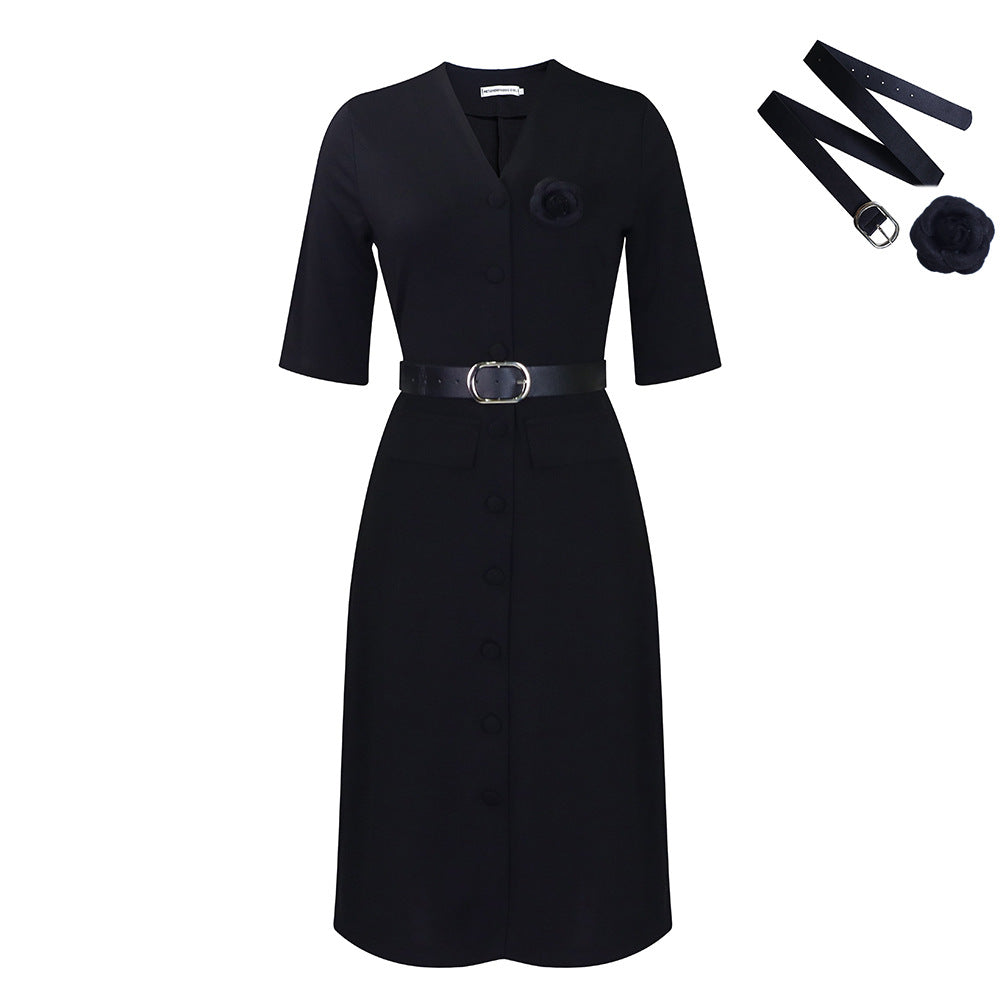 Women's Autumn Solid Color Button Elegant Dress