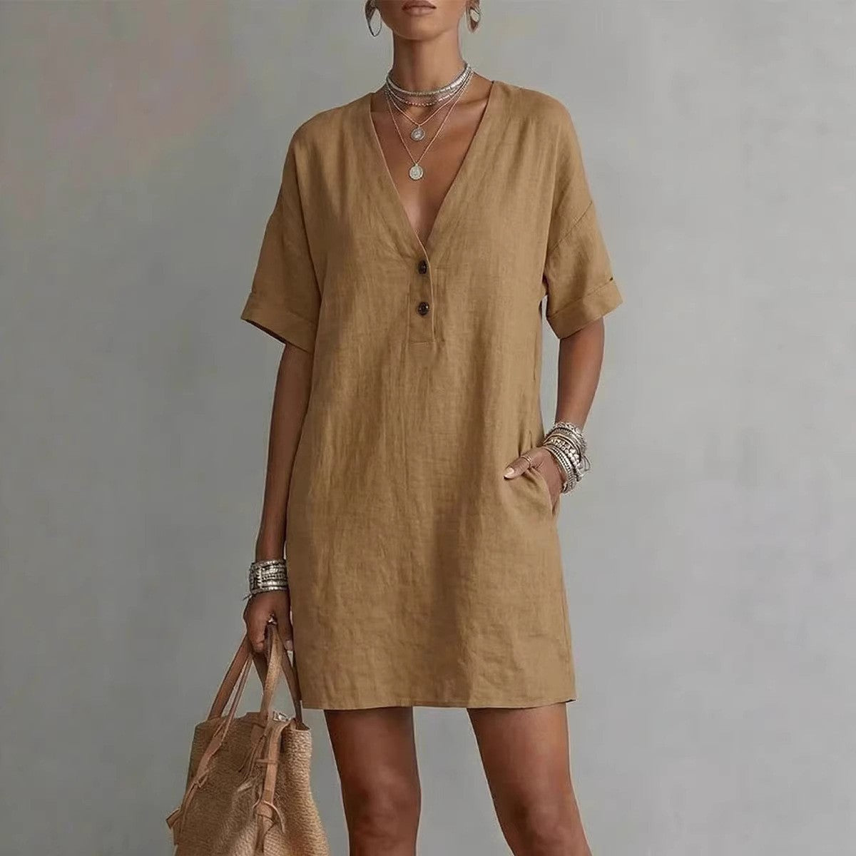Summer Casual Comfortable Button Cotton Linen Dress