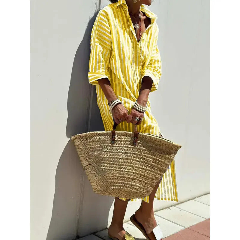 Women's Half Sleeve Striped Lapel Shirt Mid-length Dress
