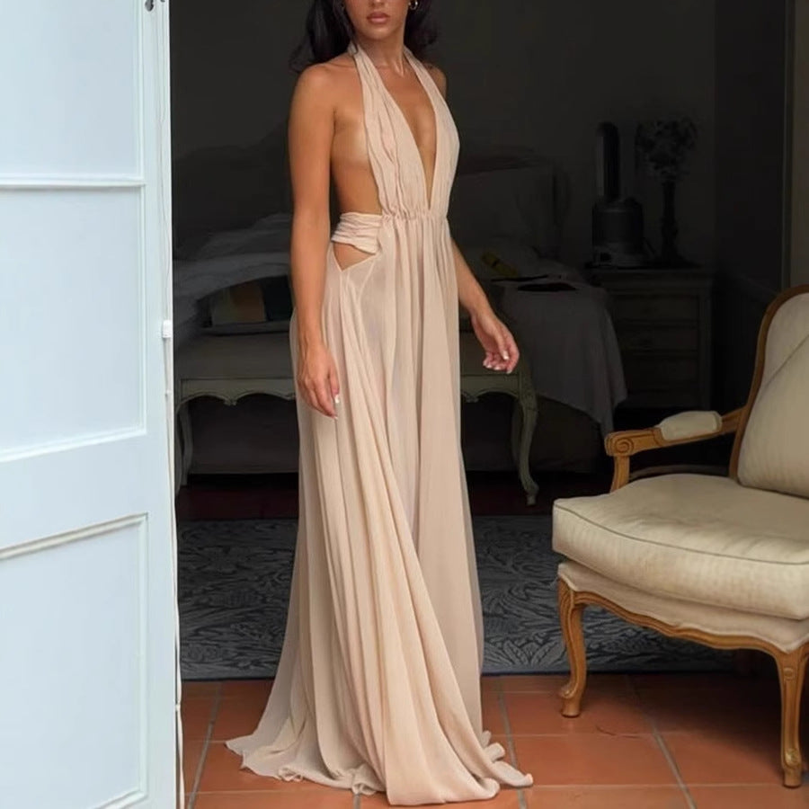 Women's Summer Deep Long Dress Pleated Halter Dresses
