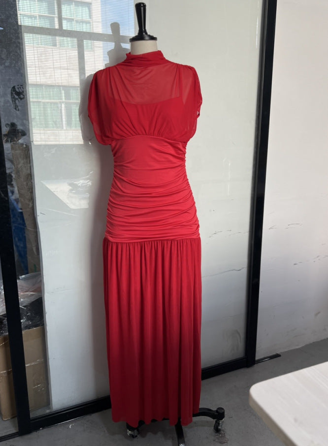 Women's Dress Elegant Half Turtleneck Mesh Stitching Dresses