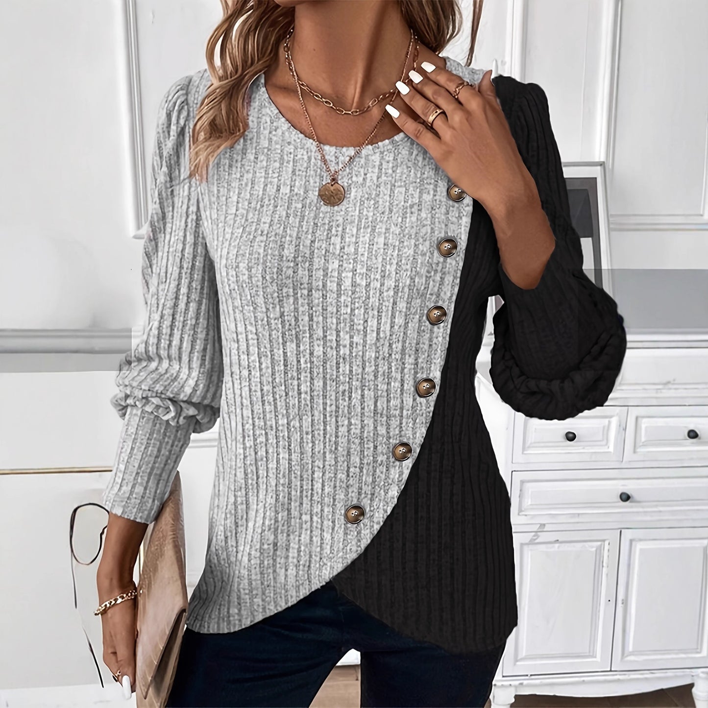Women's Casual Sunken Stripe Button Long Sleeve Tops