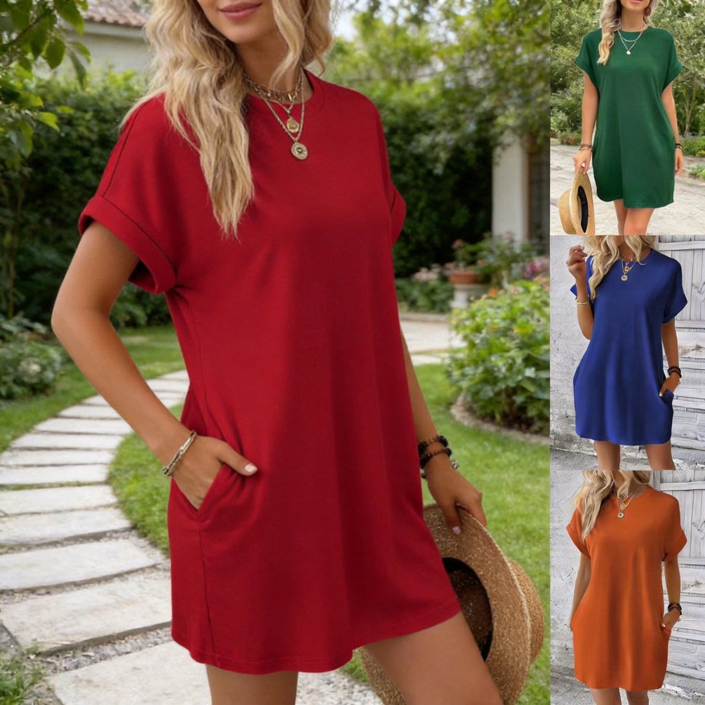 Women's Full Body Outerwear Round Neck Pocket Dress