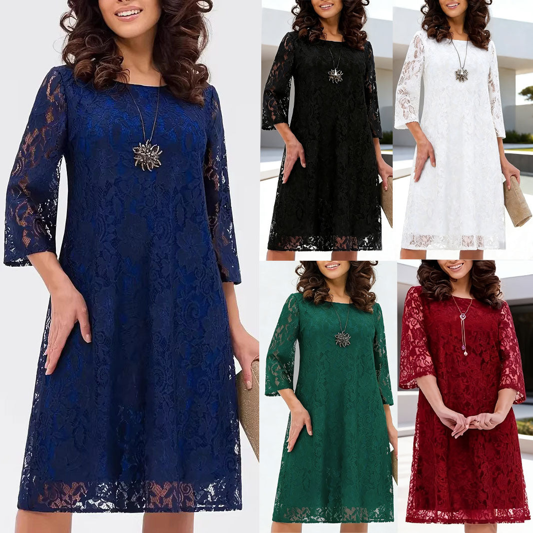 Three-quarter Sleeve Round Neck Fashionable Elegant Solid Dress