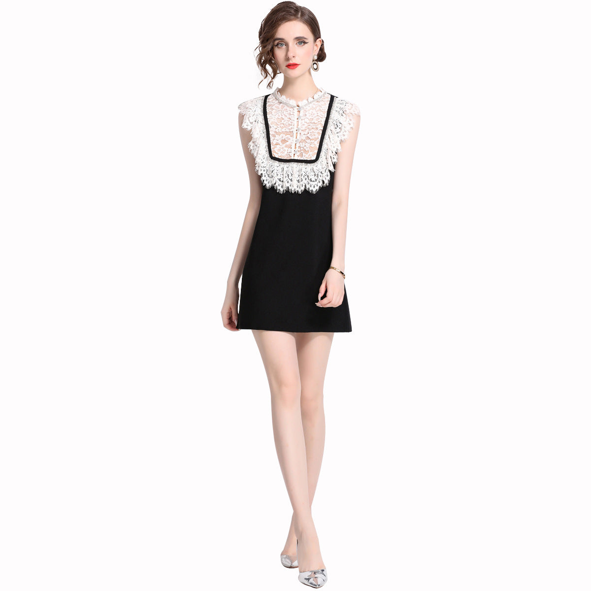 Collar Water Soluble Lace Rhinestone Sleeveless Color-matching Dresses