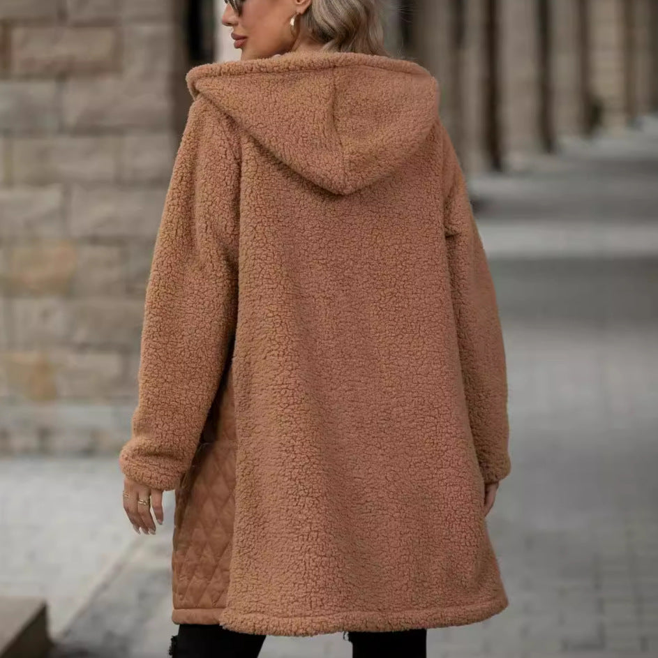 Women's Unique Loose Hooded Zipper Plush Coats