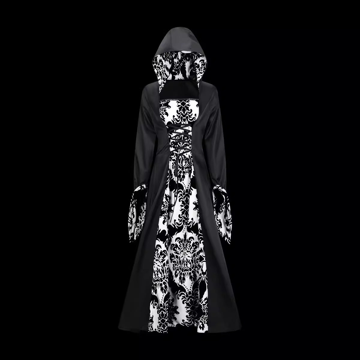 Retro Palace Style Long Sleeve Hooded Wide Hem Printed Dress