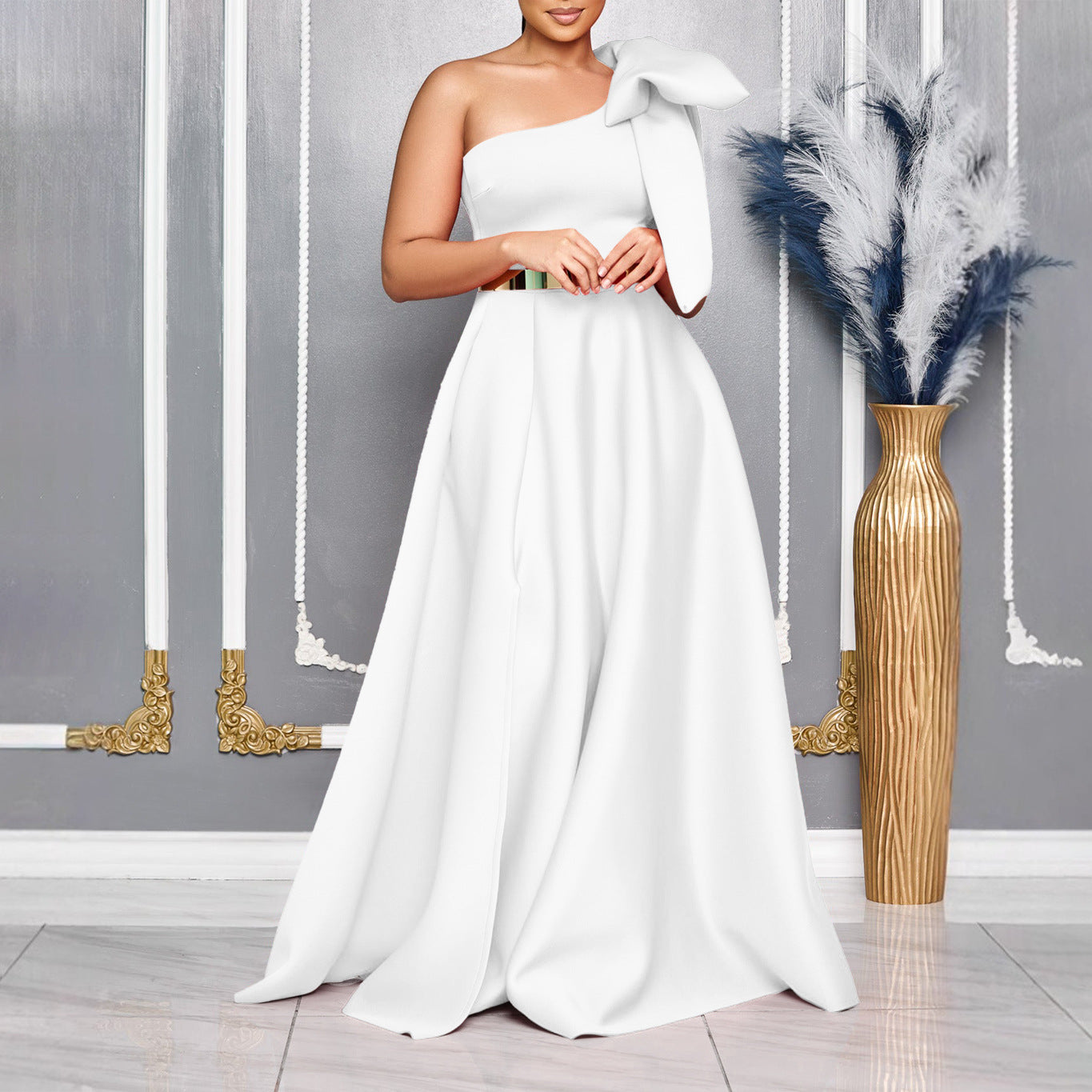 Oblique Shoulder Bow Banquet Formal Long Dress