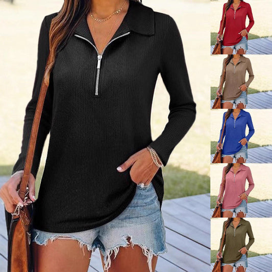 Women's Knitted Fabric Lapel Zipper Casual Long Women's Sweater