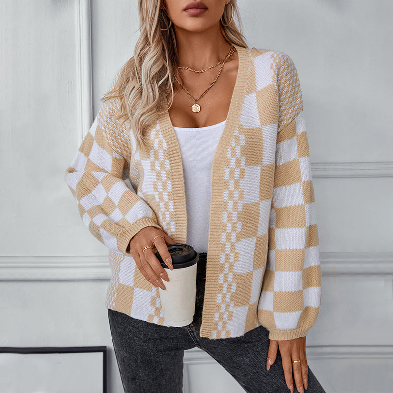 Women's Contrast Color Check Casual Loose Lantern Sleeve Sweaters