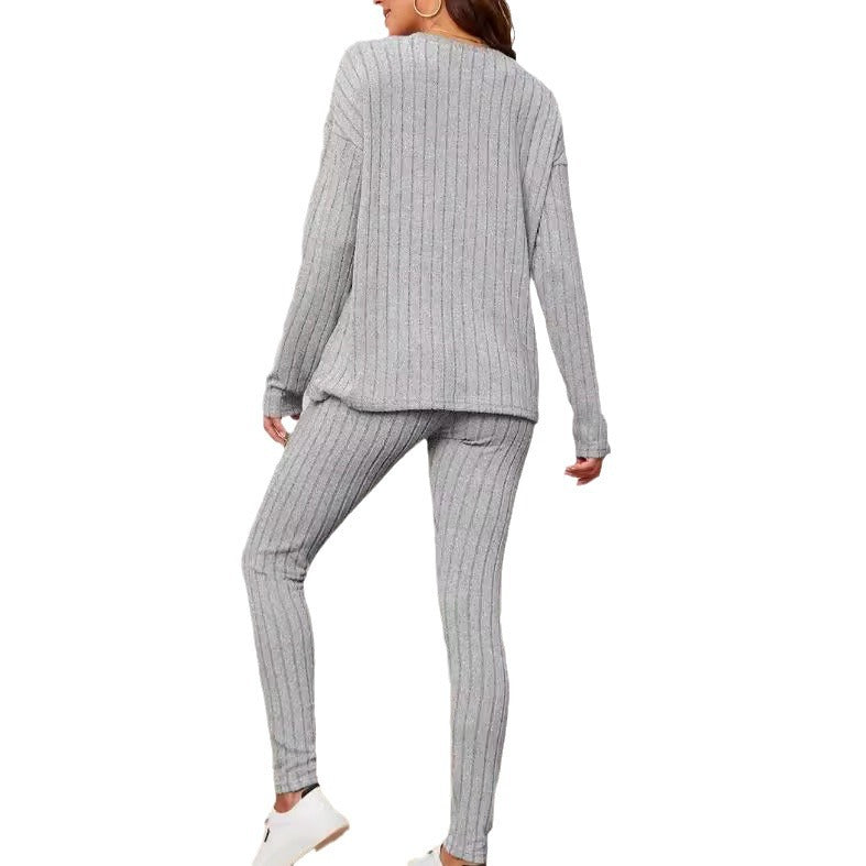 Women's Style Loose Round Neck Sunken Stripe Suits