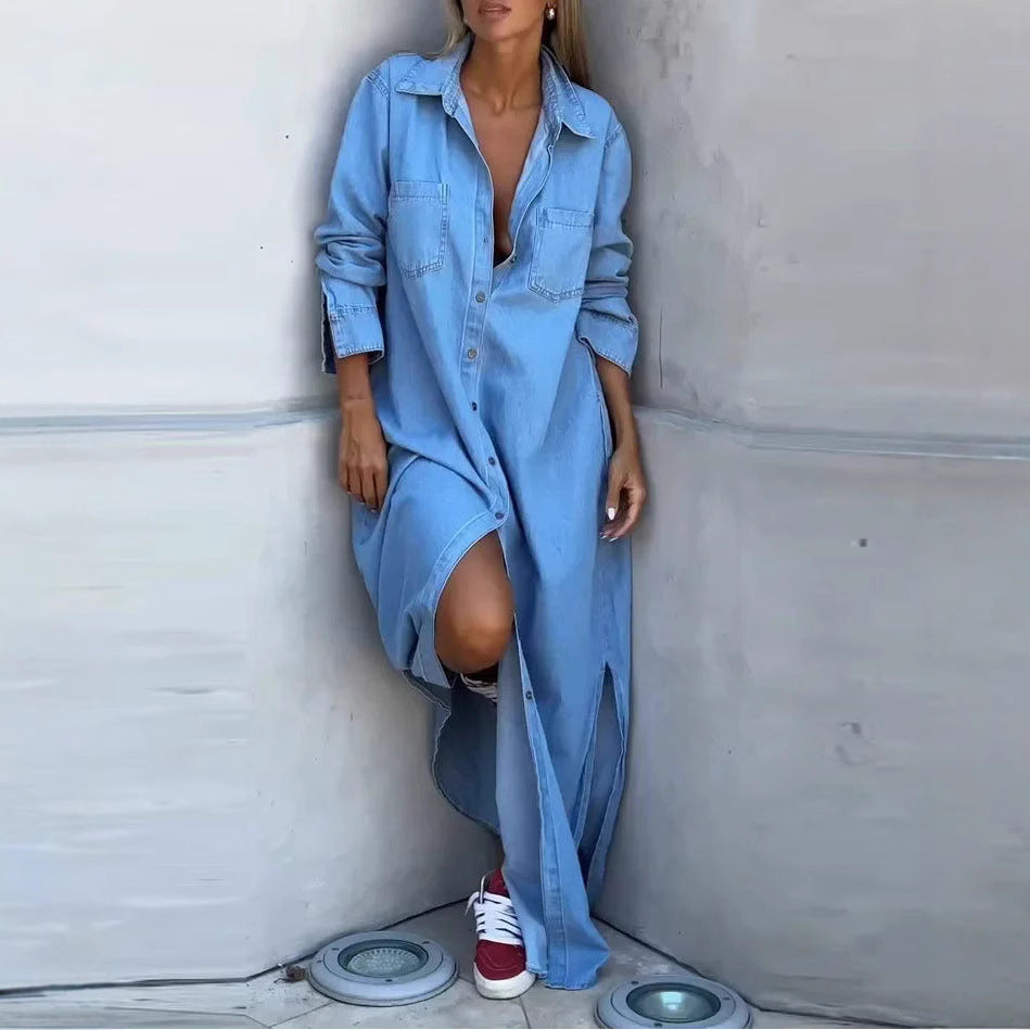 Women's Spring Lapel Long Sleeve Denim Wear Dresses