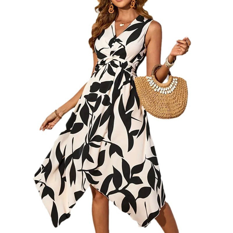 Women's Sleeveless Midi Leaf Print Twist Irregular Dress Dresses