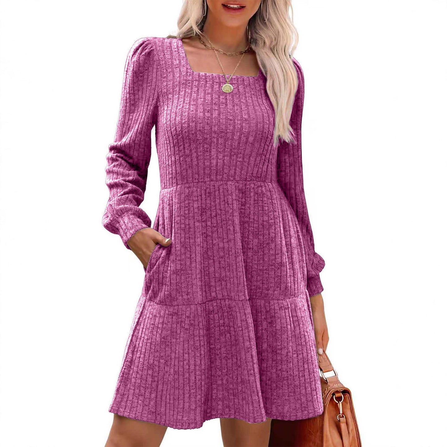 Square Collar Sunken Stripe Knitted Pocket Skirts