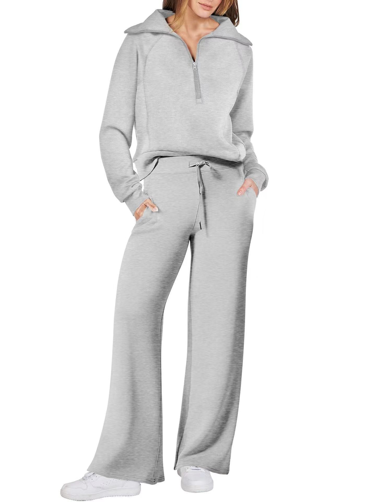 Women's Exercise Zipper Sweatshirt Wide Leg Pants