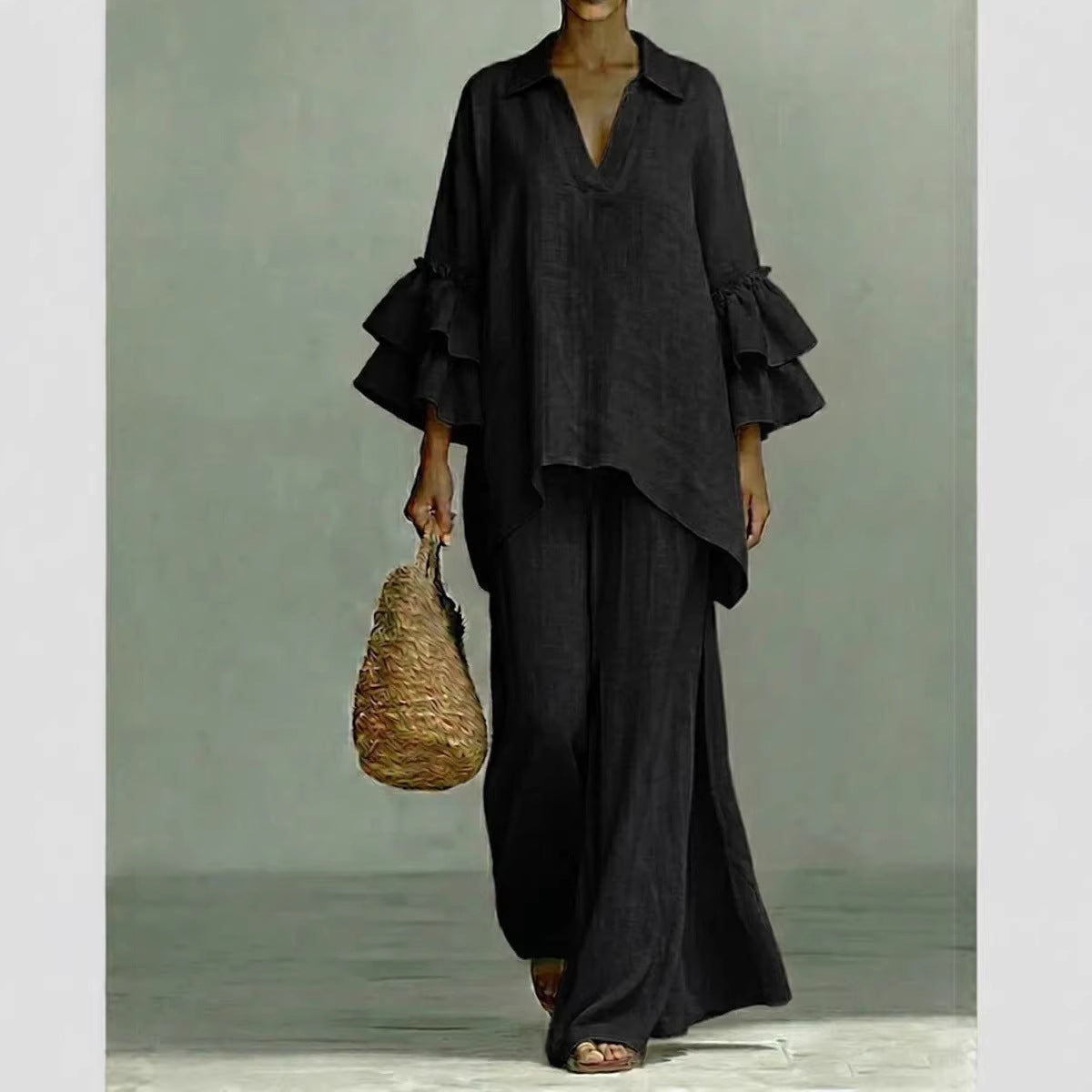 Women's Solid Color Shirt Collar Loose Trousers Fashion Casual Suit
