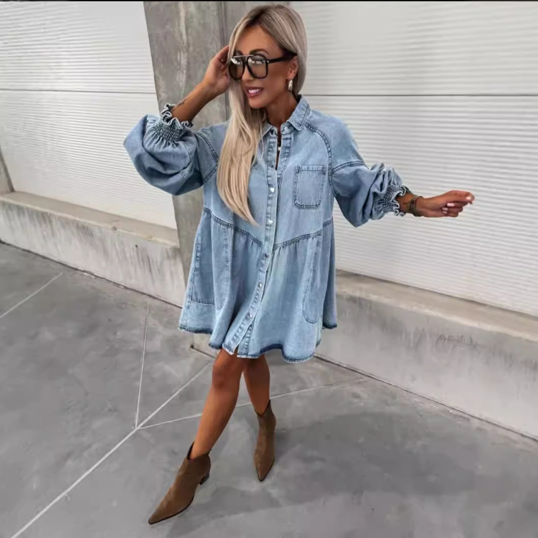 Women's Russian Shirt Button Denim Long Sleeve Dresses