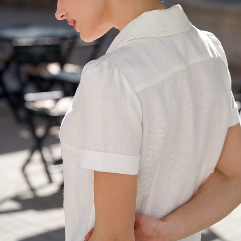 Summer White Linen Lapel Straight Shirt Slimming Elegant Blouses