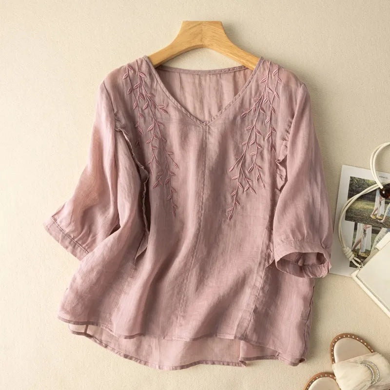 Summer Embroidered Cotton Linen Loose Temperament Artistic Retro Cropped Tops