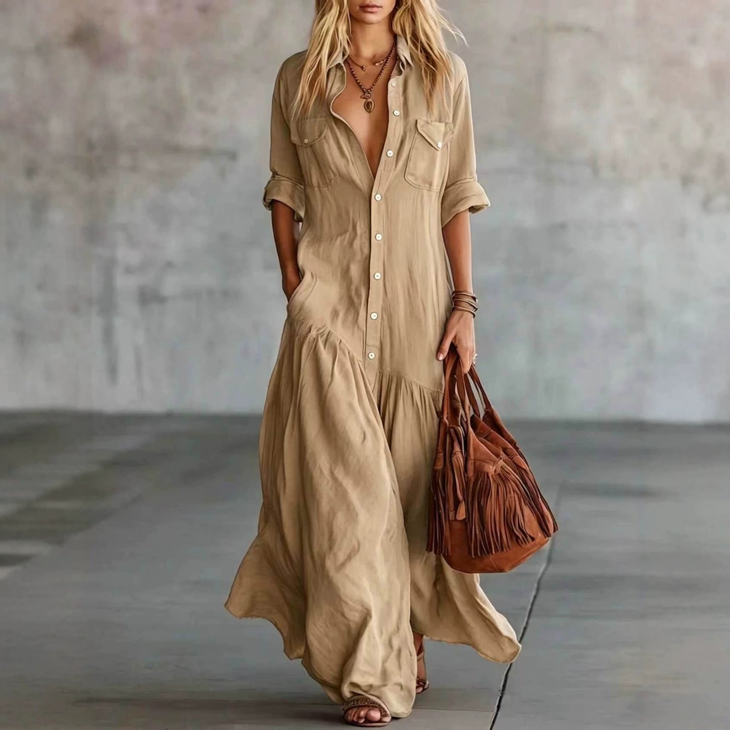 Women's Breasted Sleeve Casual Vacation Style Solid Color Dress