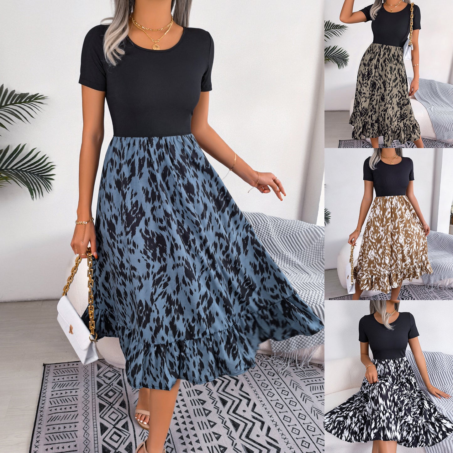 Women's Casual Leopard Print Ruffled Midi Dress