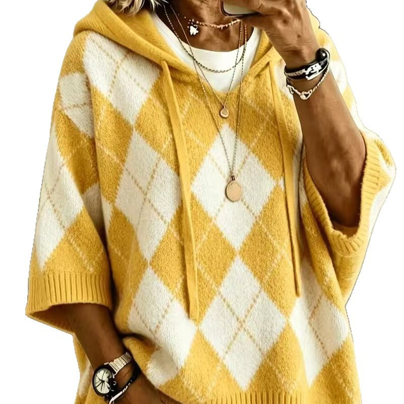Knitted Plaid Printed Casual Hooded Drawstring Tops