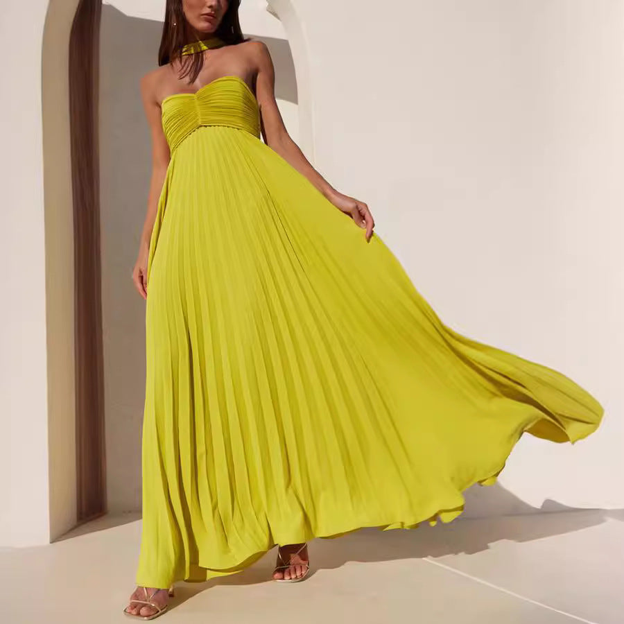 Women's Pure Color Pleated Dress Sleeveless Fashion Dresses