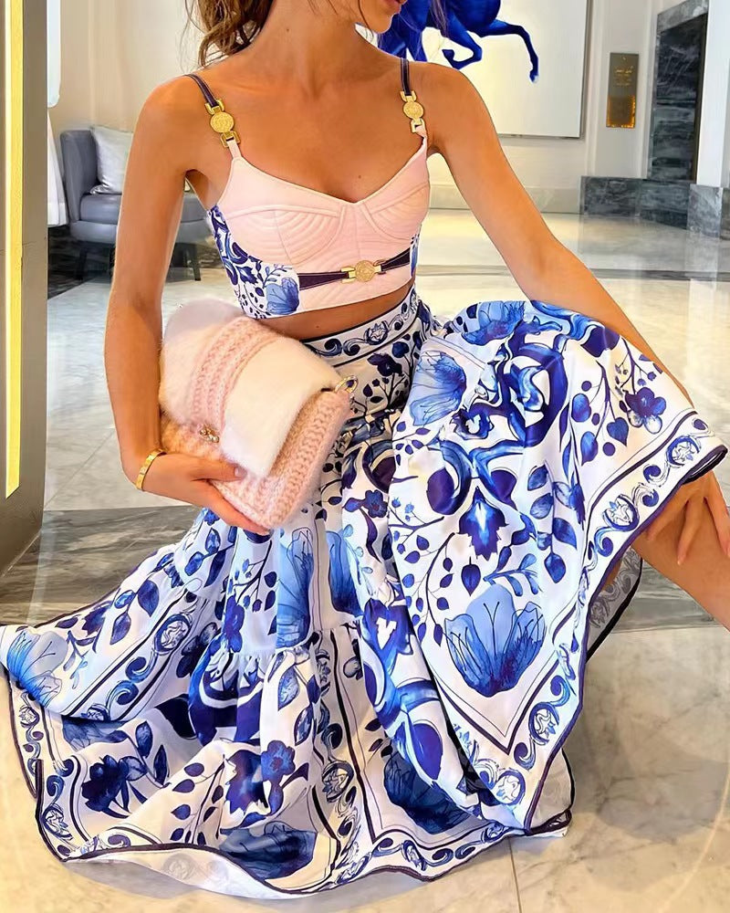 Printed Suspender Large Swing Dress Two-piece Dresses