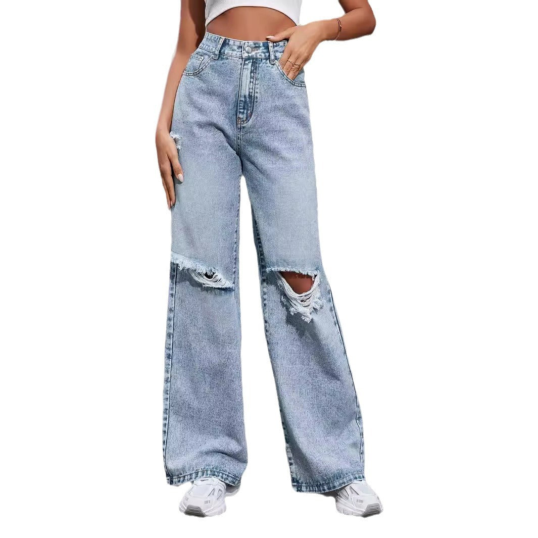 Women's Holes High Waist Wide Leg Casual Pants