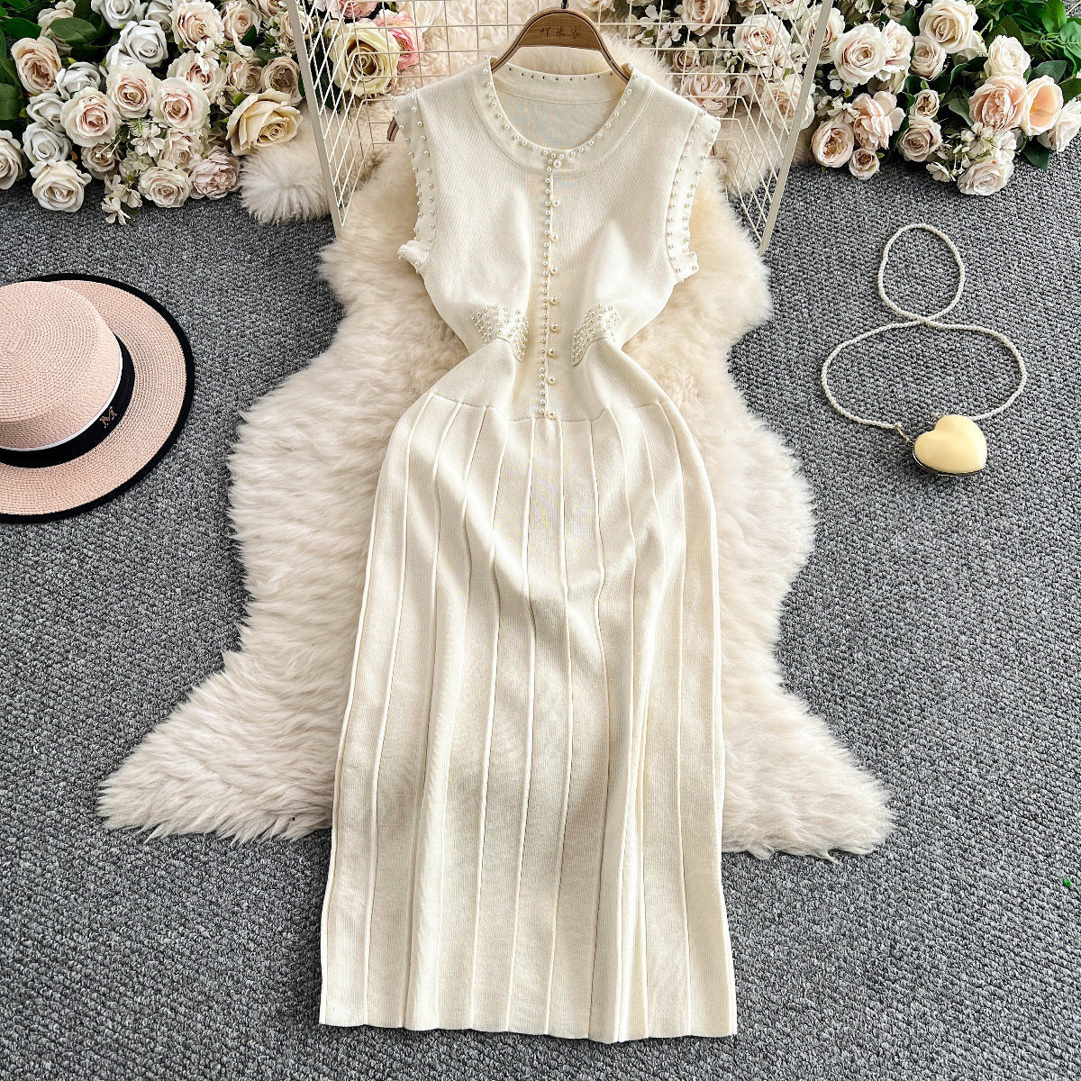 Women's Light Luxury High-grade Beaded Sleeveless Round Dress
