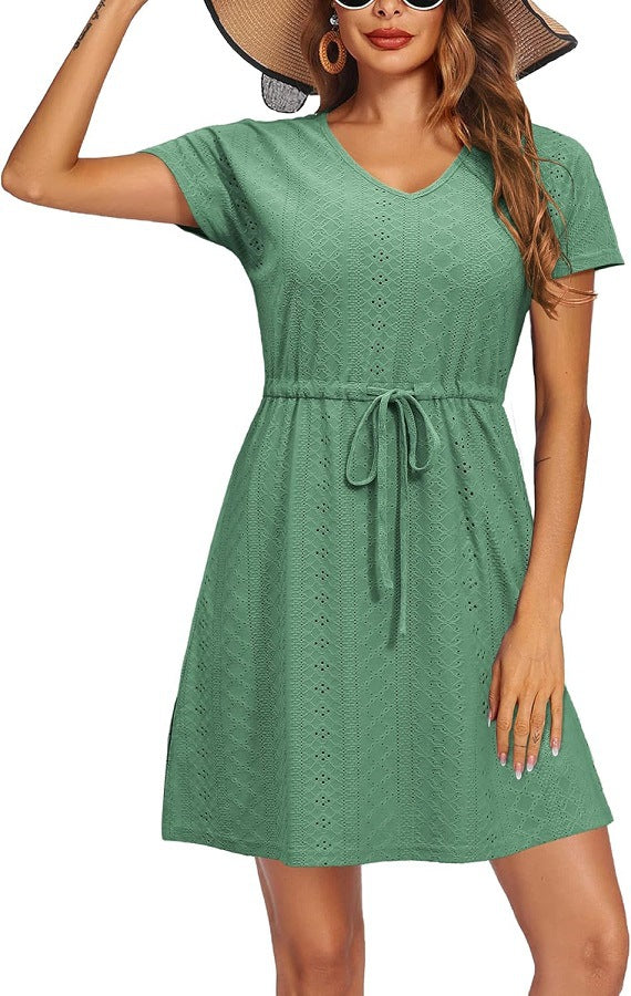 Classic Women's Summer Cinched Short-sleeved Beach Dress