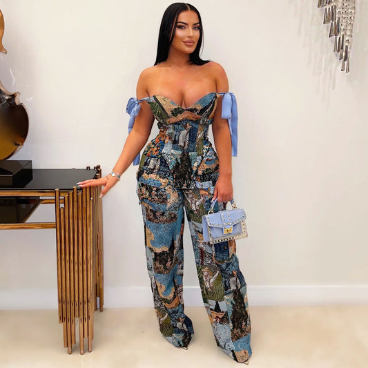 Printed Oil Painting Pattern Strap Drawstring Suits