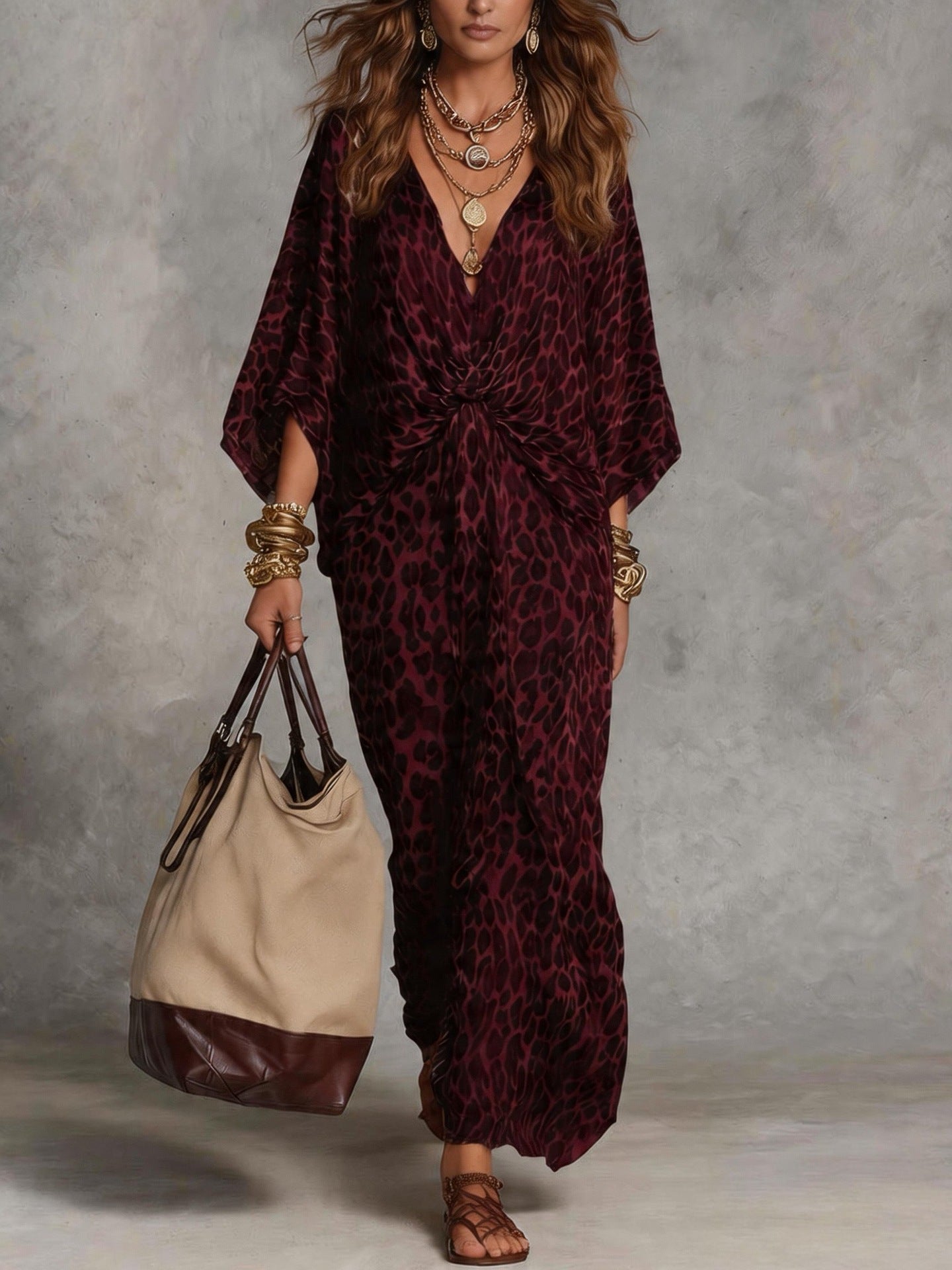 Classy Leopard Print Cinched Maxi Ladies Dress