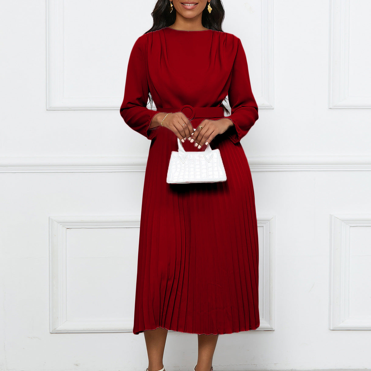 Women's Elegant Pleated Commuter Solid Color African Dress