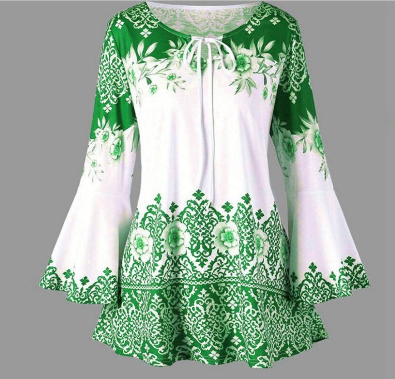 Women's Popular Print Long Horn Sleeve T-shirt Blouses
